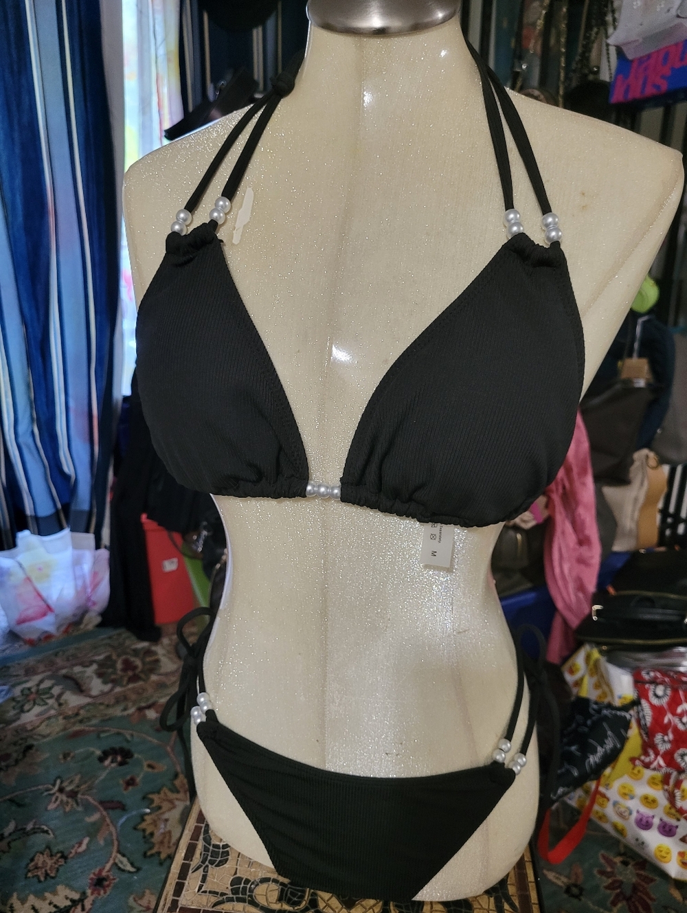 NWOT Black Ribbed Triangle Bikini Set with Pearl beads